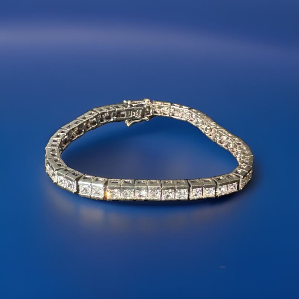 Vintage JCM 925 Sterling Silver Princess Cut CZ Tennis Bracelet Box Clasp 7.25"